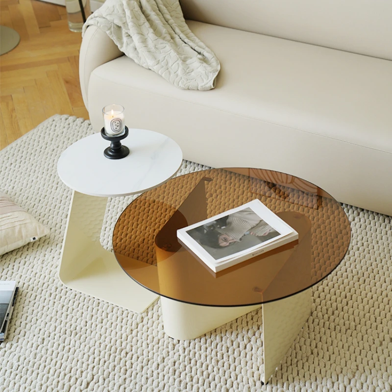 

Cream wind glass coffee table, living room, household size round table combination, small unit circular coffee table, leisure