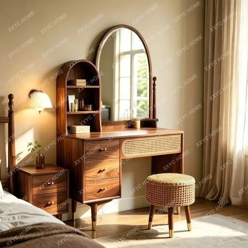 XX Retro solid wood dresser with mirror storage cabinet rattan makeup table ash wood bedroom furniture
