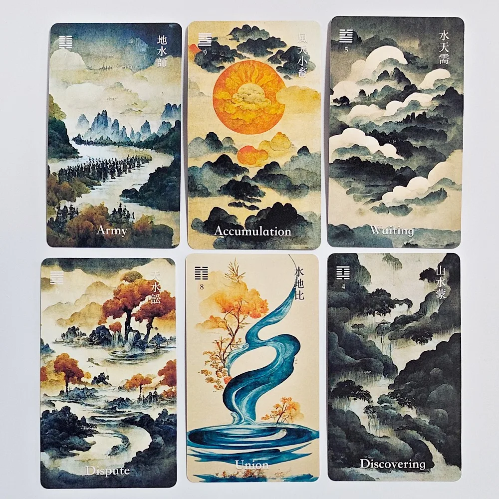 Baralho de Oráculo I-Ching com 64 Cartas, Estilo de Arte Tradicional em Tinta, Ferramenta de Divinação Chinesa para Orientação Espiritual e Meditação 10.3*6cm
