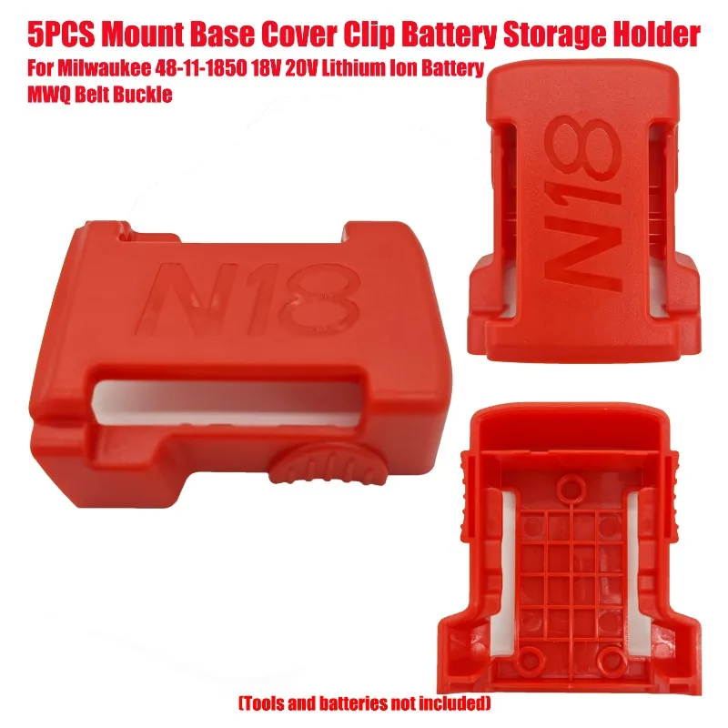 

HAKSINKY 5PCS Mount Base Cover Clip Battery Storage Holder for Milwaukee 48-11-1850 18V 20V Lithium Ion Battery MWQ Belt Buckle