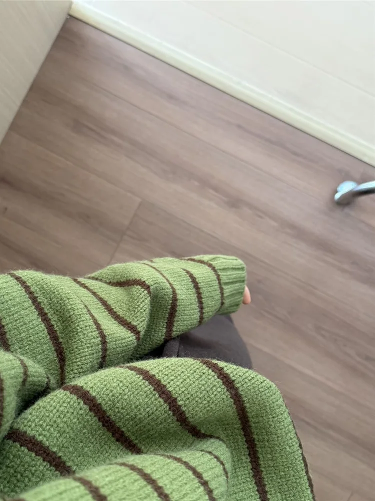 Suéter de Punto ueso con Cuello  para Mujer, a Rayas Verdes, Estilo Hoado para Otoño e Invierno, Corto, Cómodo y Cálido