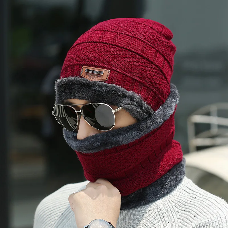 Cappelli lavorati a maglia di vendita caldi invernali da uomo più sciarpa calda di velluto berretto intero cappello freddo di lana addensato