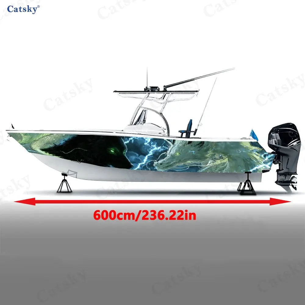Lightning Twin Wolves Green Shadow Boat Stickers, PVC Waterproof Vinyl Wrap Decals for Fishing Boats, Durable and Stylish Design