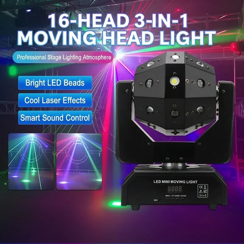 16-piece 3-in-1 Moving Head Laser Light RGBW LED Sound-Activated/DMX512 Control Beam Strobe & Rotating Bar Stage Light for KTV