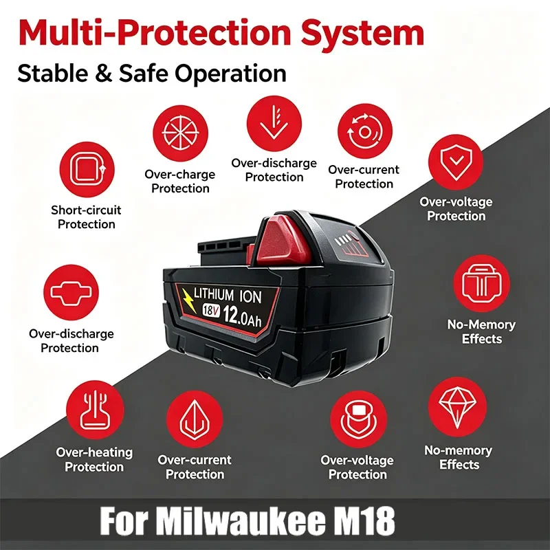 new style For Milwaukee M18 Power Tool Battery, Charger 18V, 6000mAh M18B5, 48-11-1860,18650 Battery 6.0Ah9.0Ah12.0Ah