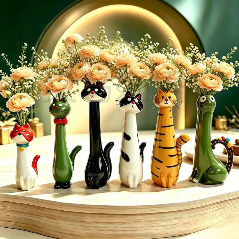 Vase Handcrafted Quirky Cat Resin Vase Decorative Flower Pot Desktop Ornament For Home Office Living Room Tabletop Display Use