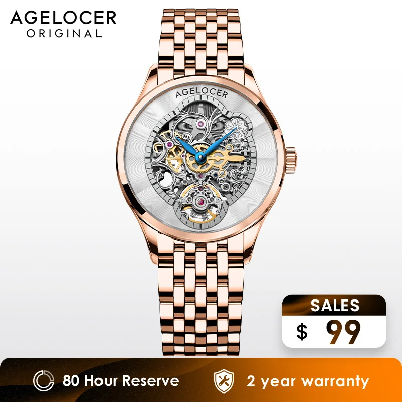 

Оригинальные наручные часы Agelocer с зеркальным покрытием, женские роскошные золотые часы-скелетоны, автоматические механические часы, подарок на день рождения для женщин