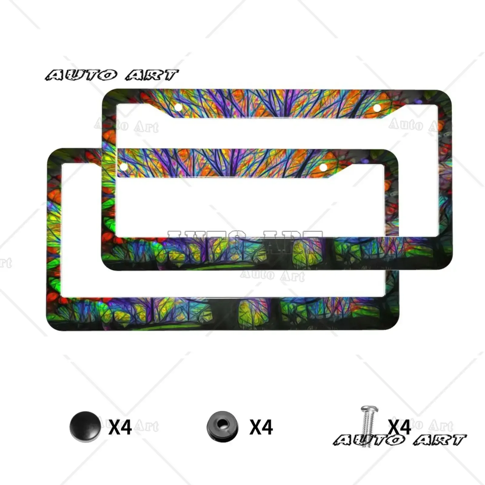 Colorful Tree Branches Pattern  Standard Aluminum Alloy Car License Plate Cover Car Accessories Waterproof License Plate