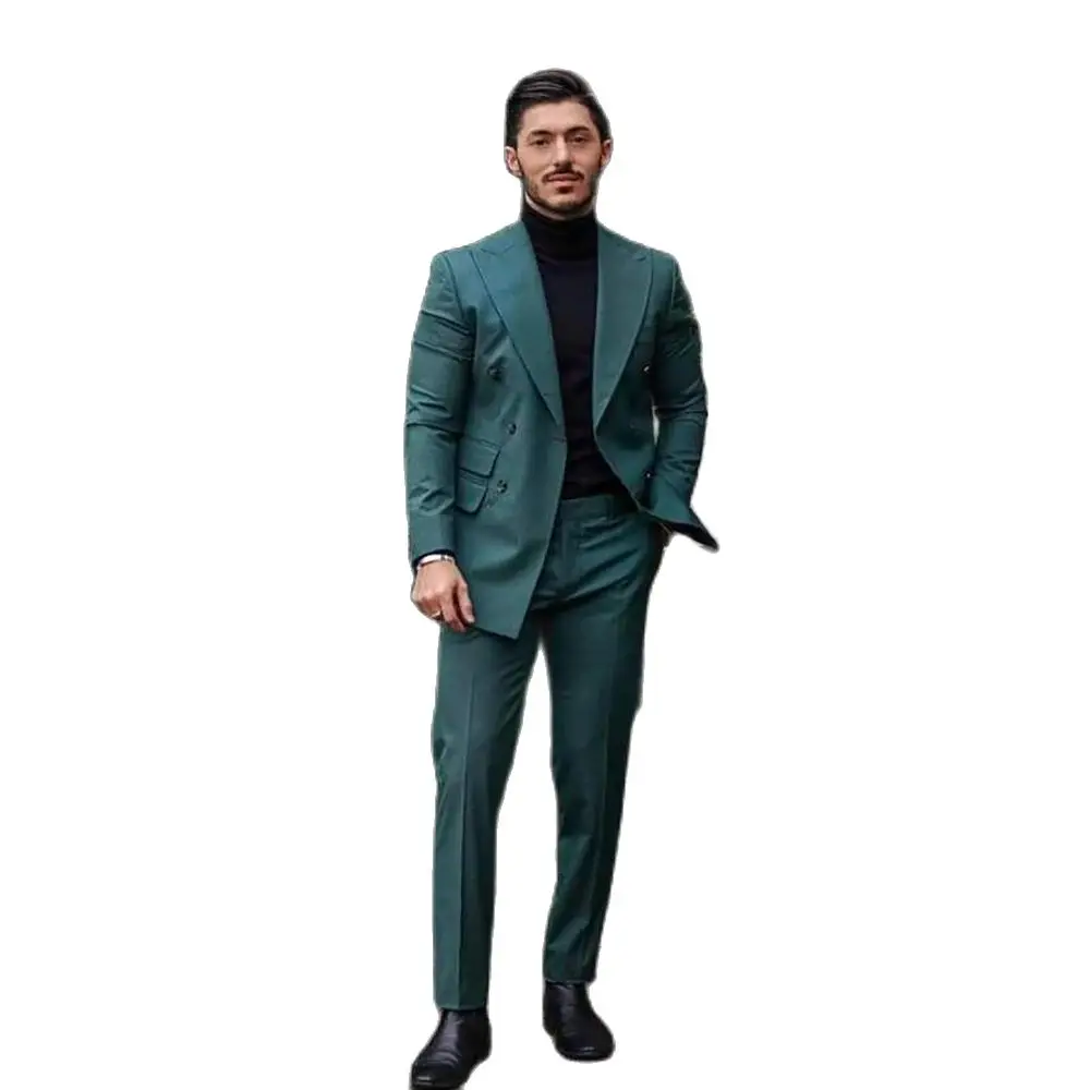 Handsome Green Double Breasted Men Suit Two Pieces(Jacket+Pants) Lapel Outfits Chic Casual Party Prom Wedding Set