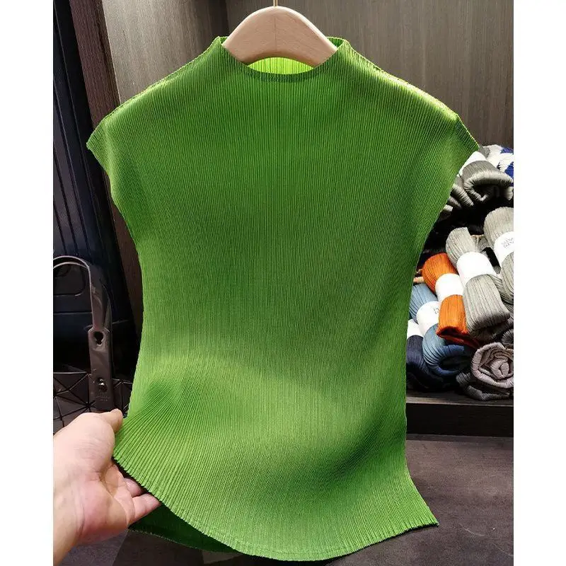 Miyake Style Pleated Women Top Mock Neck Cap Sleeve Solid Elastic Pleats Irregular Hem Casual Blouse