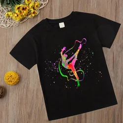 Watercolor Gymnastics T Shirt New Kids Girl Tshirt Kawaii gymnastics art Top Tee Fashion Children Clothes Cartoon Black T-shirts