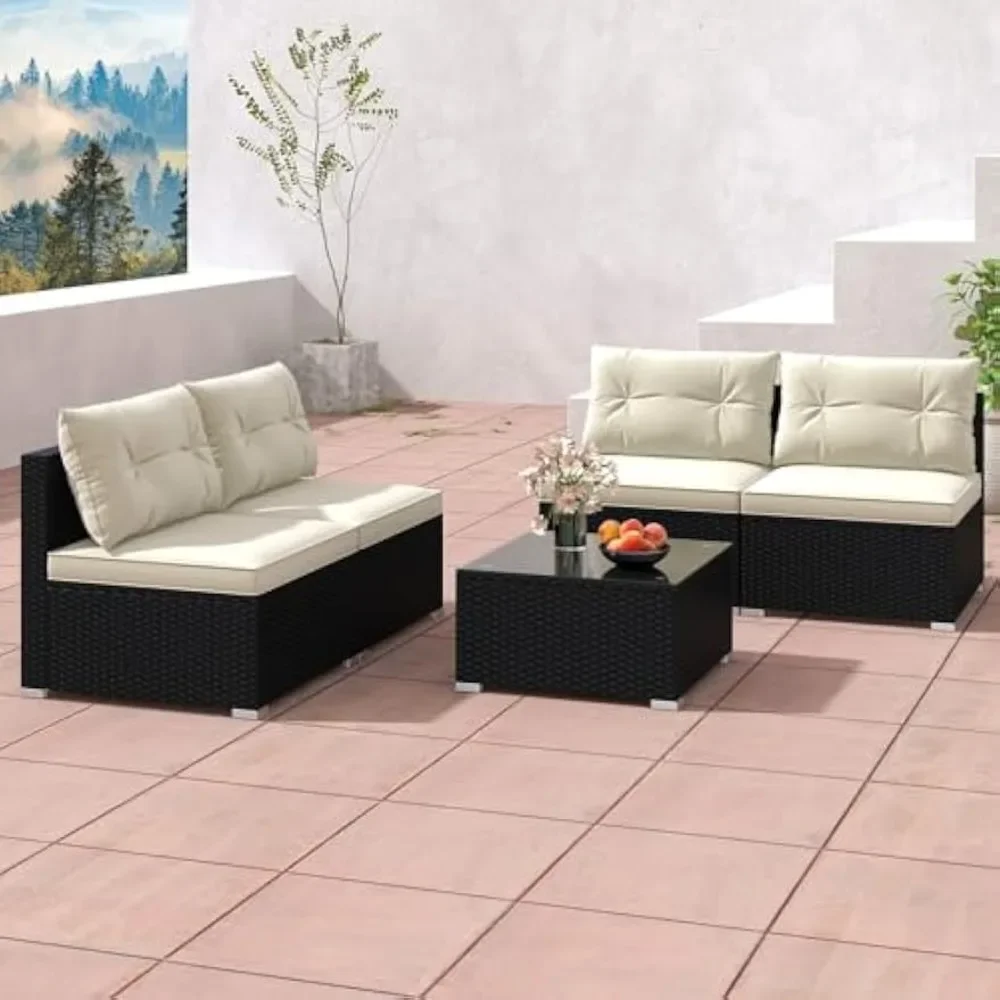 Outdoor Wicker Furniture Set with Seat & Back Cushions, Square Coffee Table, Patio Sectional Sofa Set, 5 Piece Rattan Sofa Set