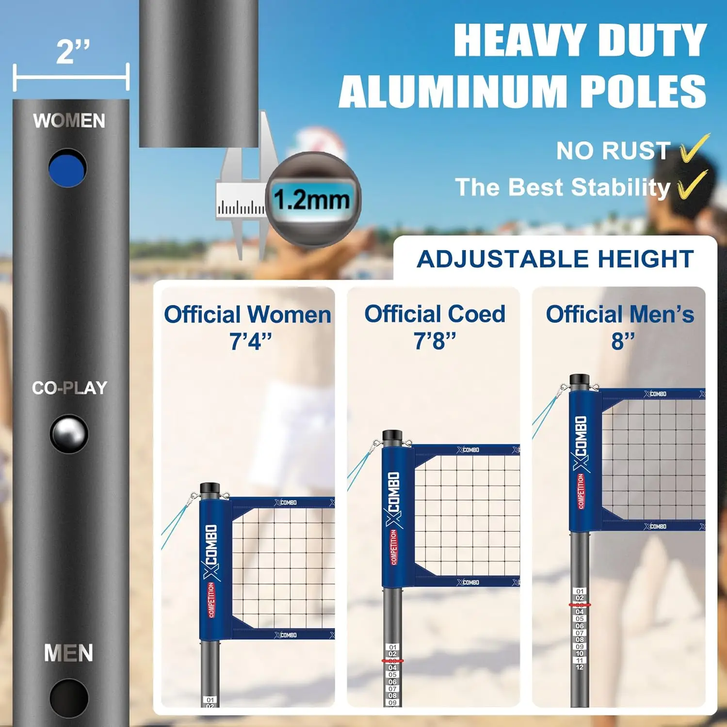 Robuuste volleybalnetset voor buiten met verstelbare aluminium palen, draagbaar voor gebruik in de achtertuin en toernooien