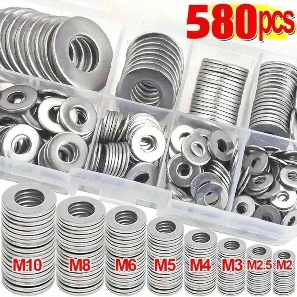 580Pcs Stainless Steel Flat Washer Assortment M2-M12 Multi Size Galvanized Surface Lock Washer Assortment Rust Resistant Silver