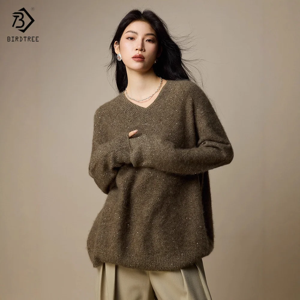 

Birdtree, вязаный свитер из 100% овечьей шерсти с блестками, женский плюшевый трикотаж с v-образным вырезом, осенне-зимний пуловер 2025, фиолетовый, зеленый T5O834JF