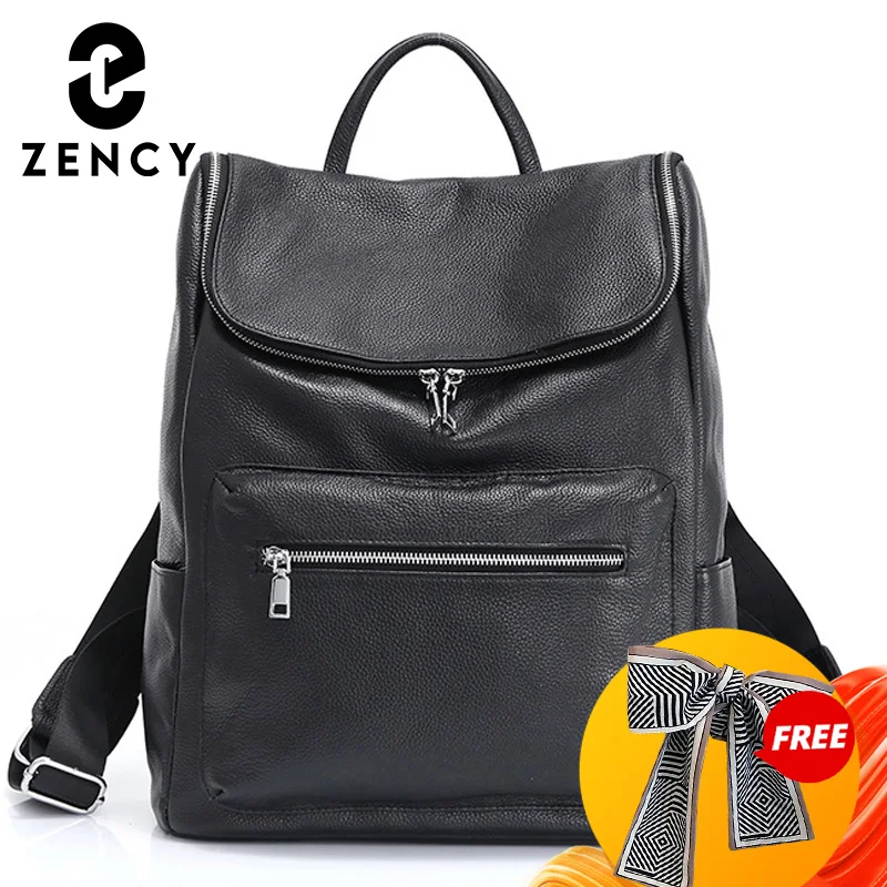 

Zency Unisex Backpack 100% Genuine Leather Large Capacity Travel Outdoor Bag Classic Black Big Knapsack High Quality Schoolbag