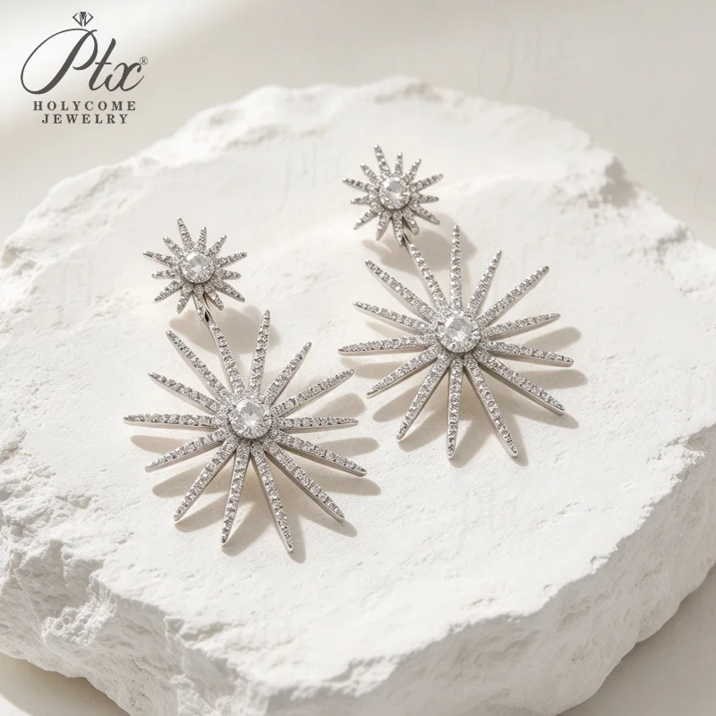 Moissanite Double Starburst Two Star Long Drop Dangle Earrings 925 Sterling Silver Sparkling D VVS1 Women Evening Fine Jewelry