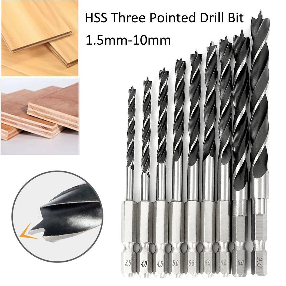 

1,5/2/3/4/5/6/7/8/10 мм 1/4 шестиугольная ручка, трехконечный набор сверл для деревообработки, электроинструмент для развертывания отверстий в дереве, 1/5/10 шт.