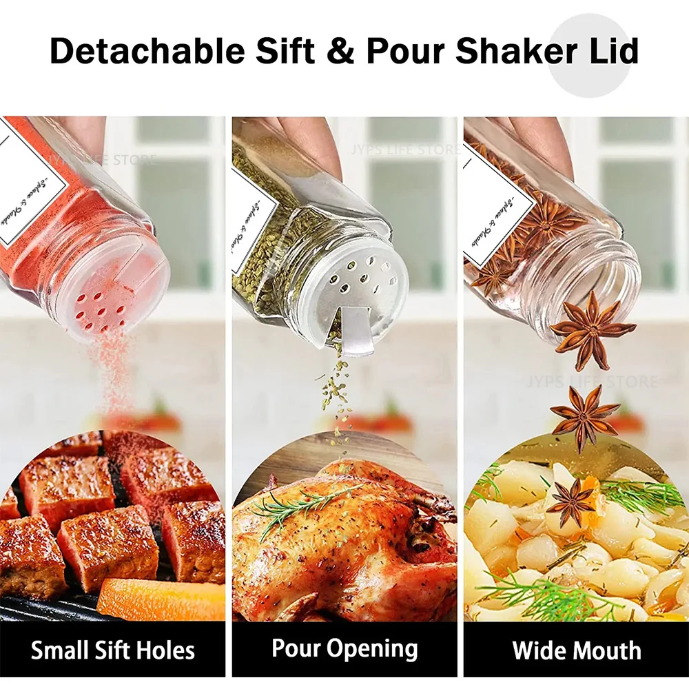 6/12/24 قطعة برطمانات توابل زجاجية مع أغطية من الخيزران أو أغطية معدنية تتضمن ملصقات توابل بسيطة ومجموعة جرة قمع قابلة للطي