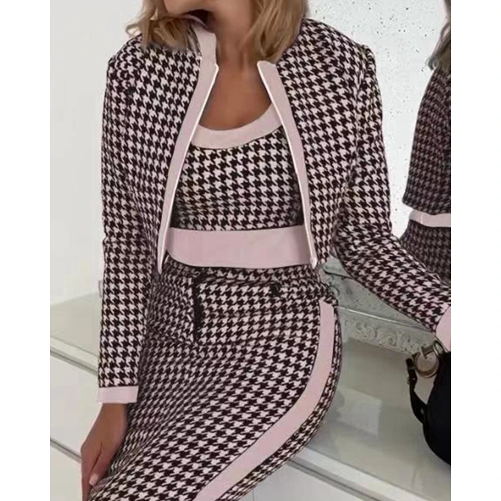 3PCS Women Houndstoot Print Vets and Long Sleeve Coat & Midi Skirt Set Casual Bodycon Skirts Set Autumn Three Pieces Suit Outfit