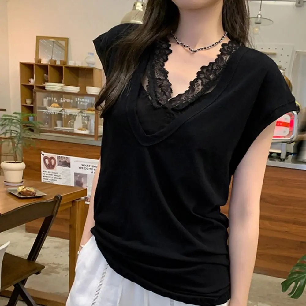 Korean Style V Neck Lace Base Shirt Sleeveless Hollow Out See Through Crop Top Transparent Lace Mesh Vest Inner Wear