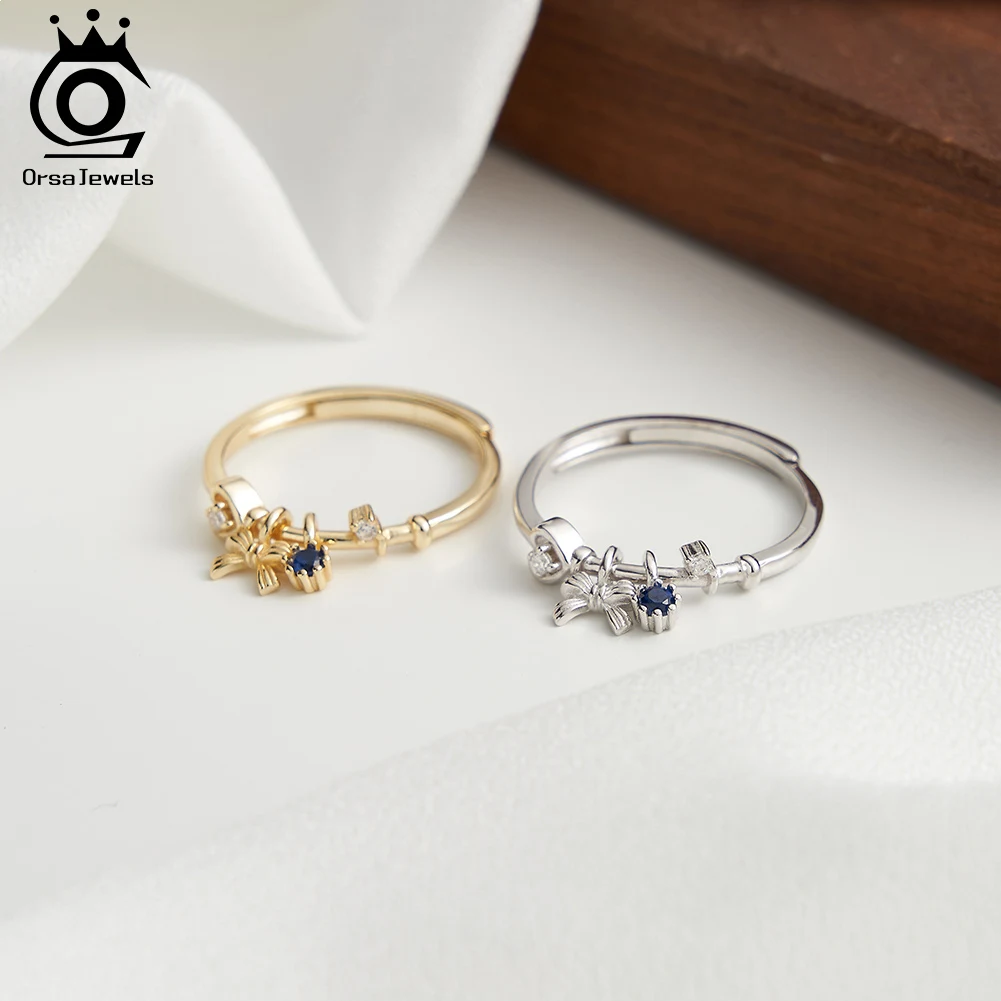 ORSA JEWELS 925 เงินสเตอร์ลิง CZ Bowknot จี้แหวน 14K Gold Sapphire Blue รอบจี้เปิดแหวน PRONG การตั้งค่าของขวัญ SR336