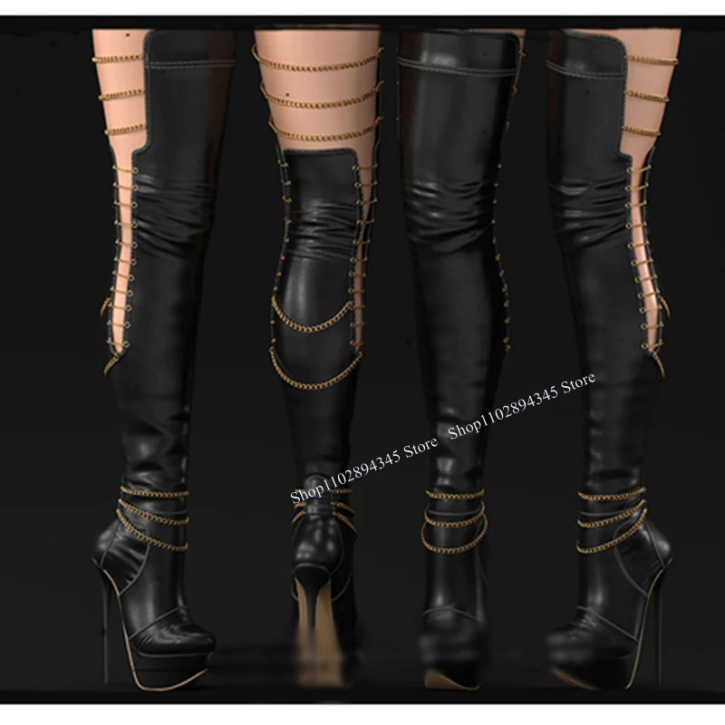 Black Chain Hollow Platform Boots Thin High Heel Over Knee High Fashion Sexy Novel Western Winter Woman Shoes Zapatillas Mujer