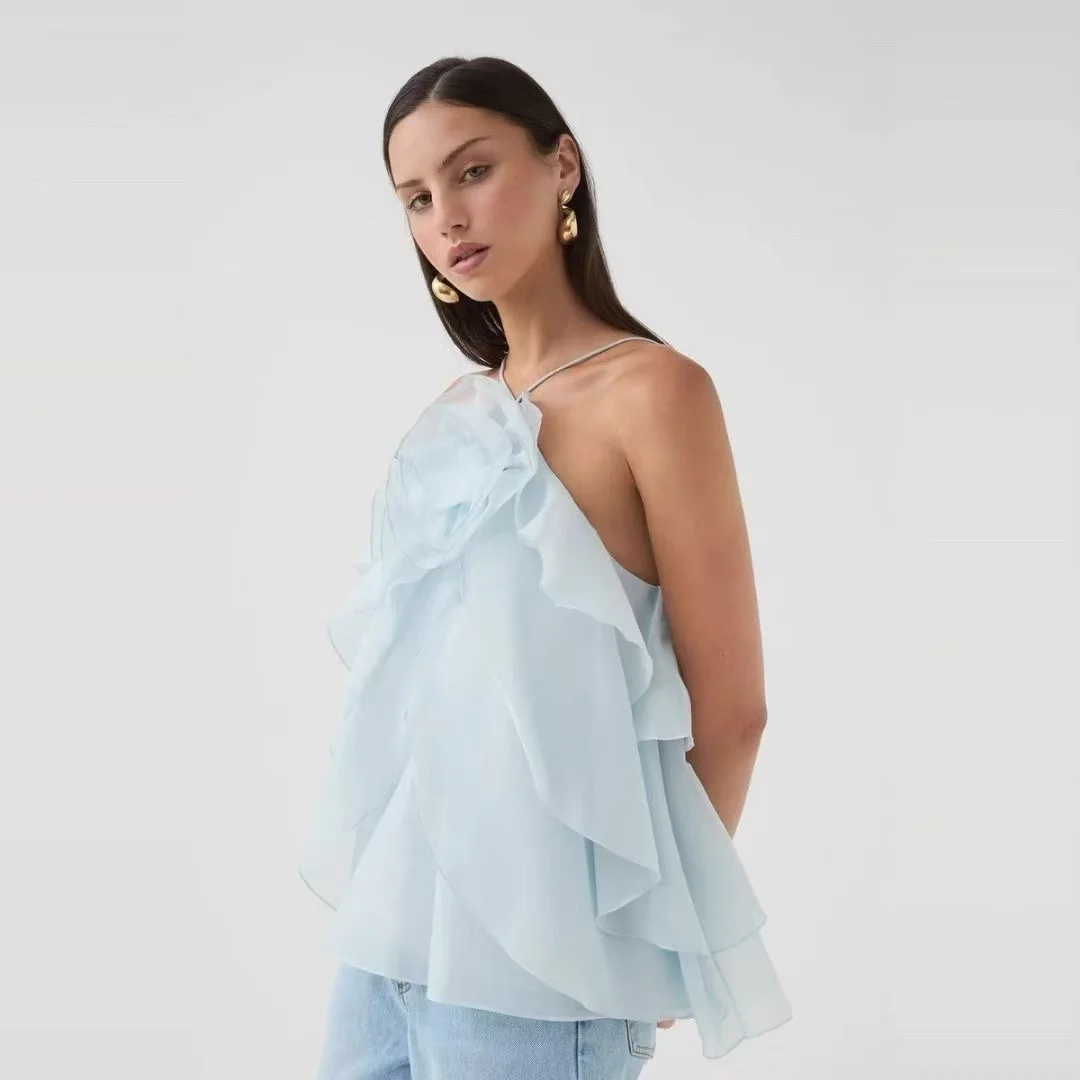 

IRENE TINNIE Solid Slimming Fashion Vest for Women Halter Neck Sleeveless Patchwork Ruffles Folds Temperament Top Female Clothes