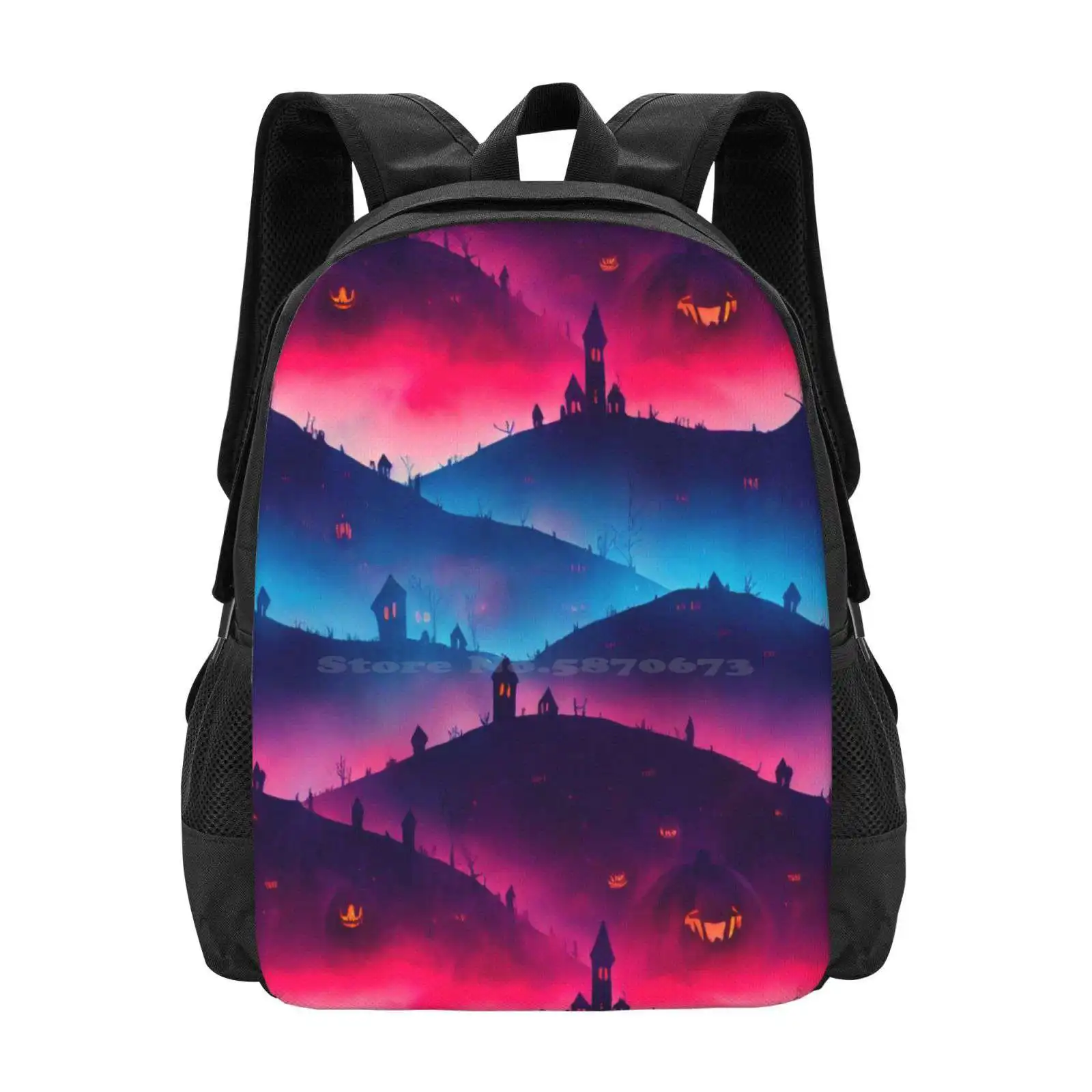 Fantasy Halloween Land 3D Print Design Backpack Student Bag Fantasy Halloween Land Pattern Repeating Endless Tile Seamless