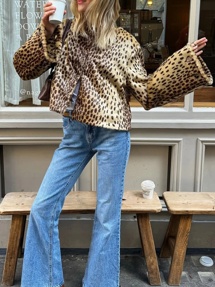 Abrigo informal de piel con una hilera de botones para mujer, abrigo cálido a la moda con estampado de leopardo de calle, prendas de vestir de manga larga con cuello redondo para ir al trabajo