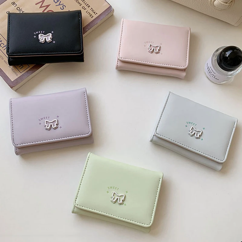 Koreanischen Stil Frauen Nette Bogen Brieftasche Kurze Falten frauen Multi Karte Slot Geld Tasche Mode Kausalen PU Leder Brieftasche geldbörsen