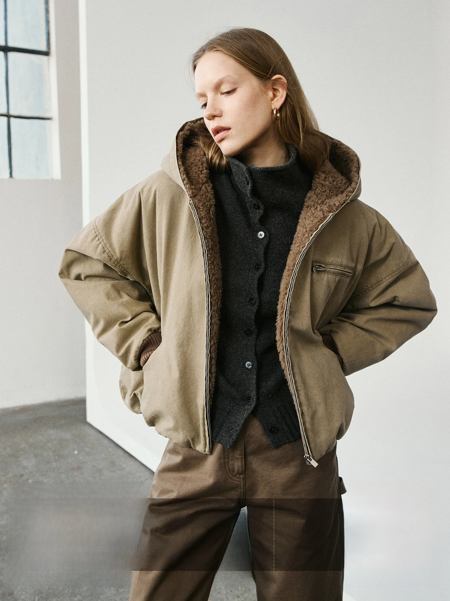 

Женская шерстяная пуховая парка Ayuko Waed, свободного кроя, с молнией, длинными рукавами, стандартной длины, в стиле рабочей одежды