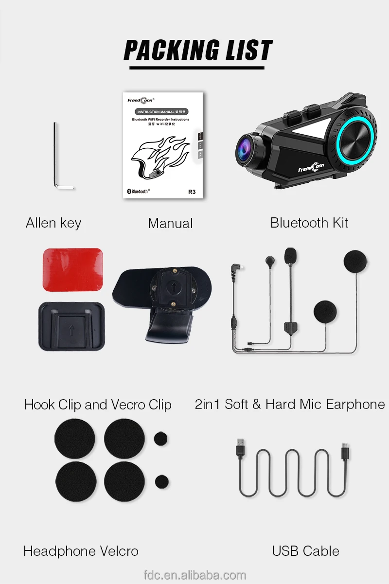 FreedConn Bluetooth Intercom 2K HD Camera Recorder Protective Waterproof Accessories for up 6 Riders 1200M BT Intercom Recorder