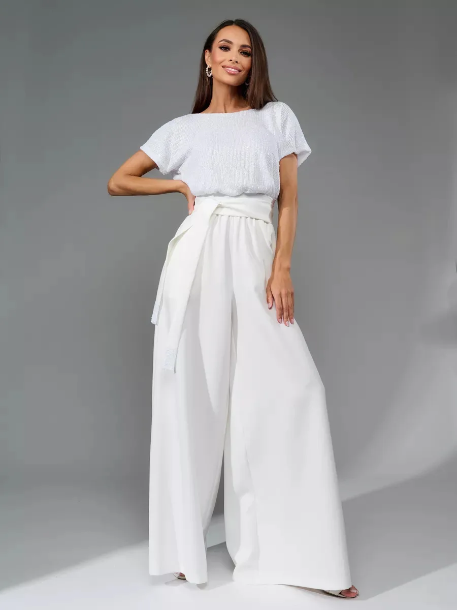 Lady Fashion Sequin Patchwork Commuting Jumpsuit Summer New Casual Short Sleeved O Neck Lace Up Slim High Waist Jumpsuit Women
