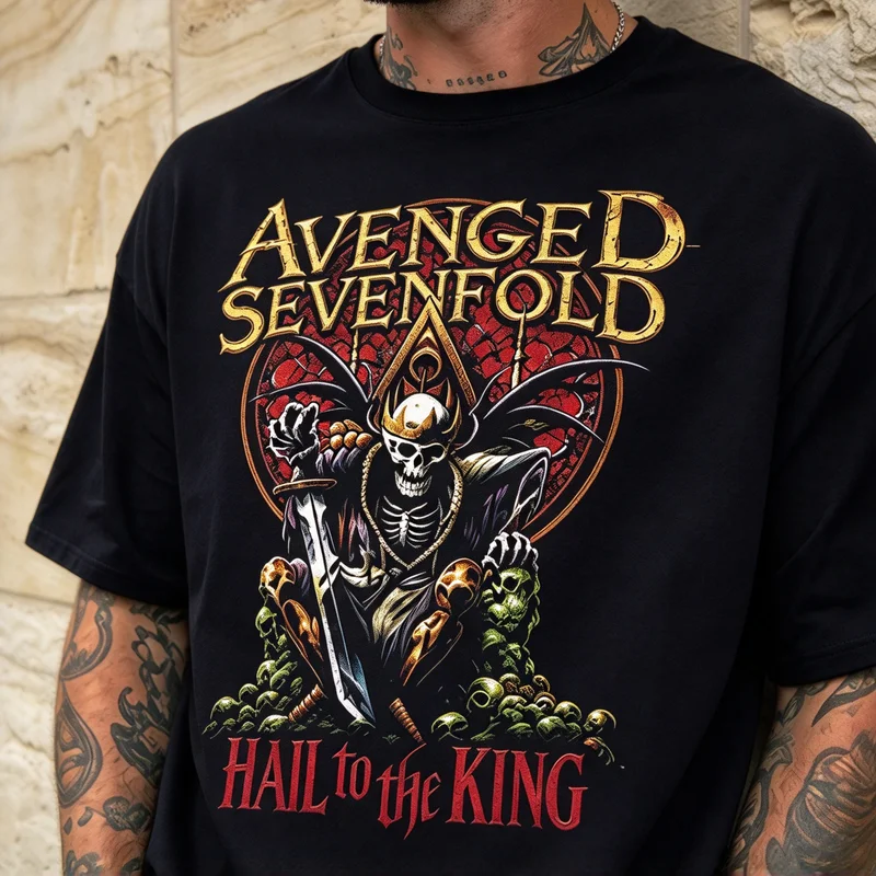 Gothic Skull King with Sword Print T Shirt Men Retro Dark Metal Graphic Tee Casual Cotton Short Sleeve Tops for Music Lover