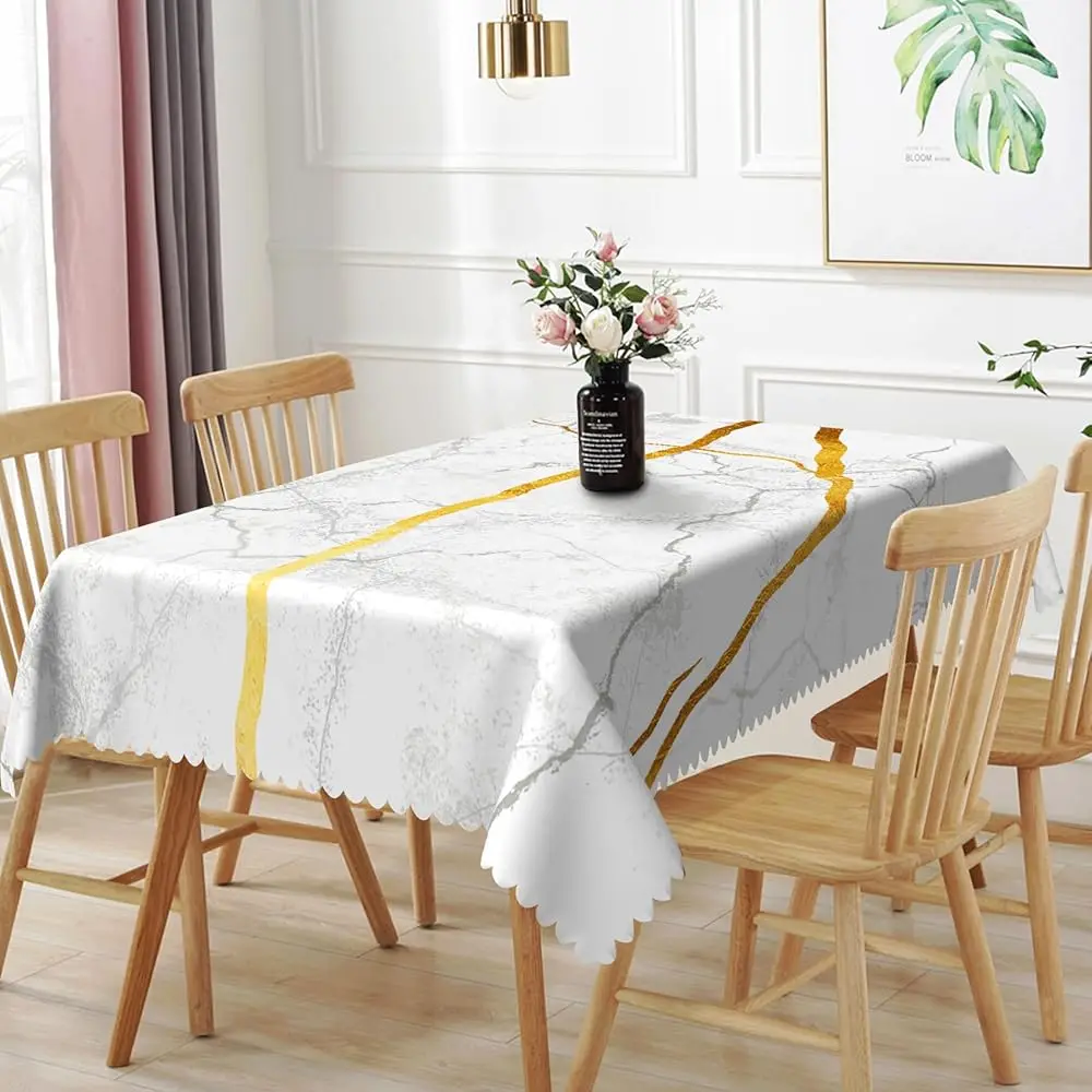 

70X140Inches Marble Tablecloth Gray Gold White Marble Texture Rec Tablecloths Waterproof And Stain Resistant Table Cloth Cover