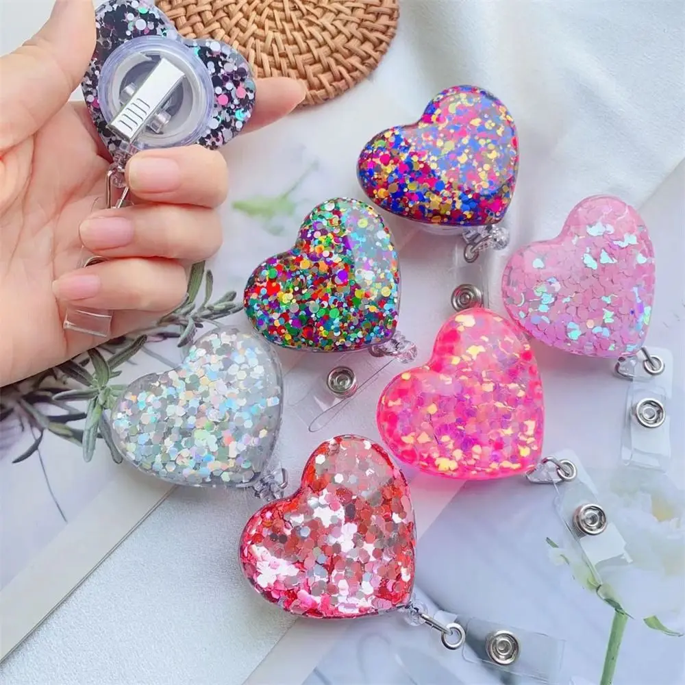 Love Heart Retractable Badge Holder Bling Glitter Alligator Swivel Clip Nurse Badge Reel ID Card Clips Exhibition Card