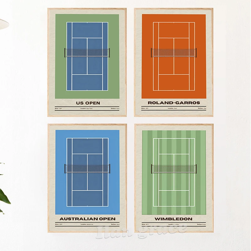 بطولات التنس جدار الفن طباعة البطولات الكبرى البطولات المشارك الحديثة الحد الأدنى ملعب التنس قماش اللوحة التنس عاشق هدية #4
