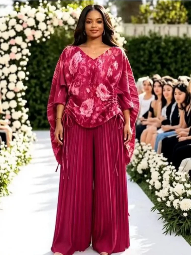 Miyake's New Fashionable V-neck Drawstring Waist Printing + Wide-leg Culottes African Folds Loose Two-piece Set