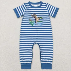 Wholesale Kids One-piece Newborn Coverall Bodysuit Baby Boy Toddler Embroidery Duck Romper Short Sleeves Stripes Blue Jumpsuit