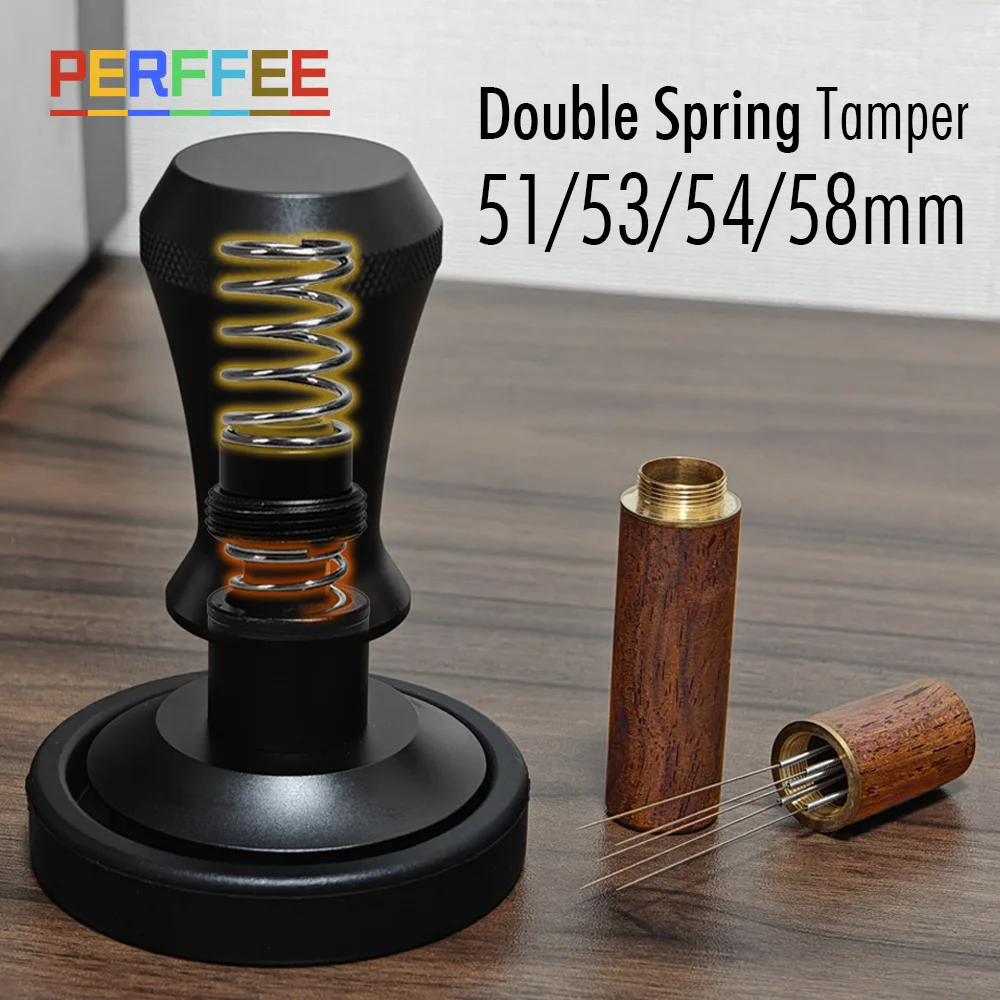 Double Spring Coffee Tamper WDT Coffee Stirrer Tool Tamper Mat Set 30lbs Constant Pressure Loaded Espresso Tamper 51 53 54 58 mm