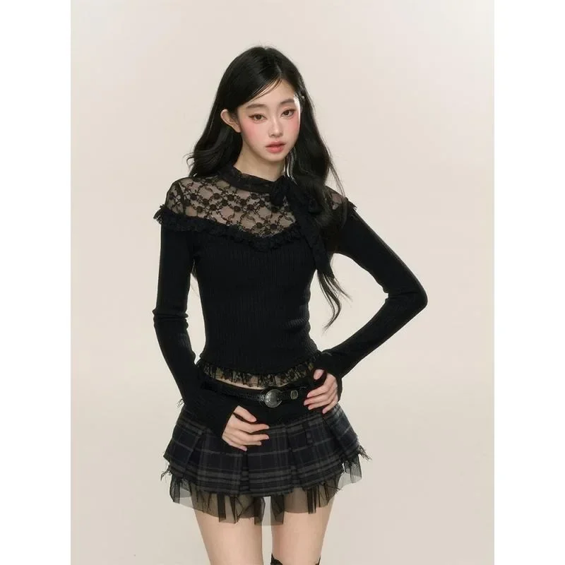 Deeptown Y2k Black Lace Women Sweater See Through Vintage Harajuku Korean Fashion Knit Pullovers Gyaru Sweet Slim Autumn New