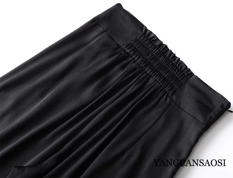 Pocket Design 93% Natural Mulberry Silk Elastic Double Qiao Satin Black Drape Comfortable Women's Fashionable Casual Pants