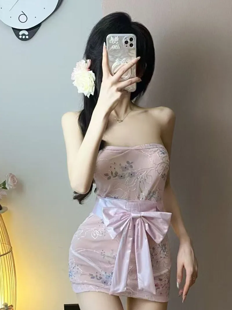 Robe Kimono transparente brodée sans bretelles, Sexy, moulante, épaules dénudées, dos nu, sans manches, XSZV