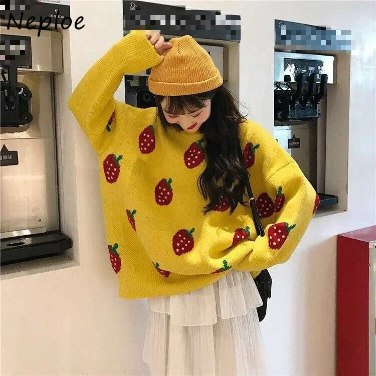 Neploe Women Oversized Sweater Pullovers O-neck Strawberry Pattern Printed Pull Jumpers Long Sleeve Street Knit Tops 1E786