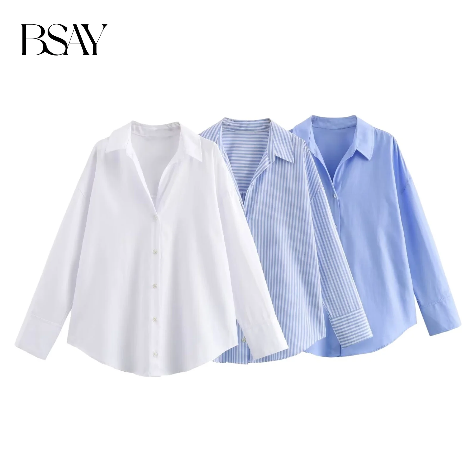 BSAY Damska Moda Wiosenna Bawełniana Koszula Oxford z Długim Rękawem Zapinana na Guziki z Kołnierzykiem Ubrania Uliczne Eleganckie Bluzki Damskie Mujer