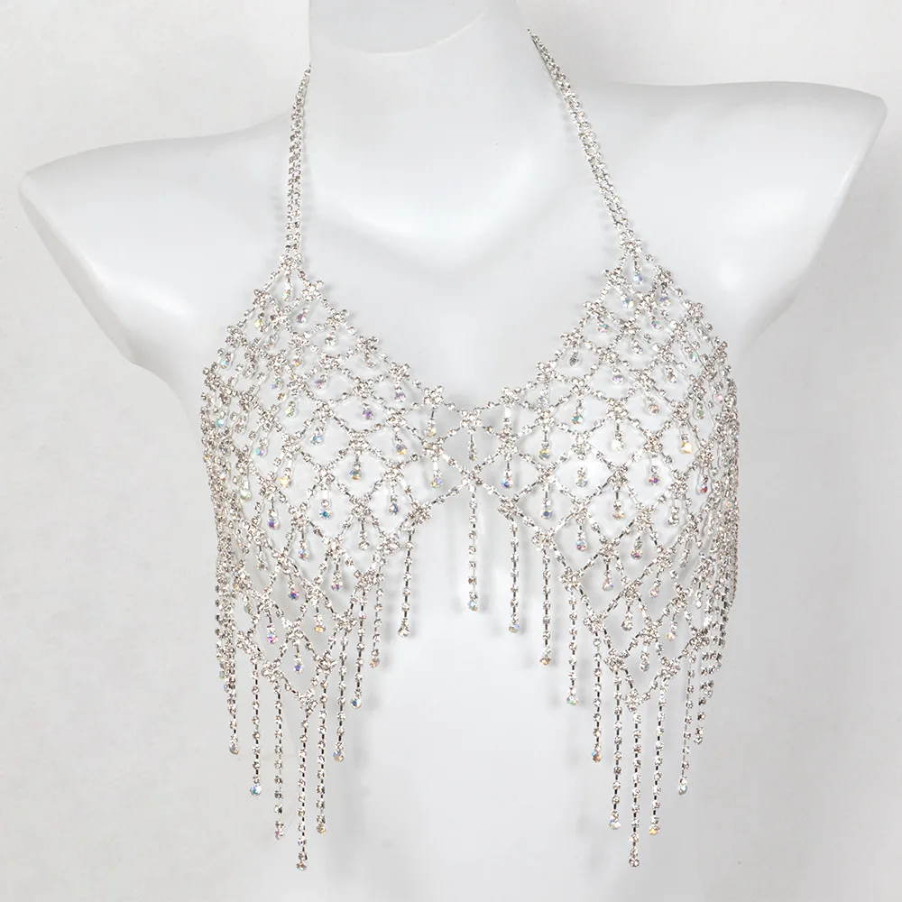 Bikini rhinestone breast chain nightclub girl fringe AB color super large luxury rhinestone bra body chain jewelry