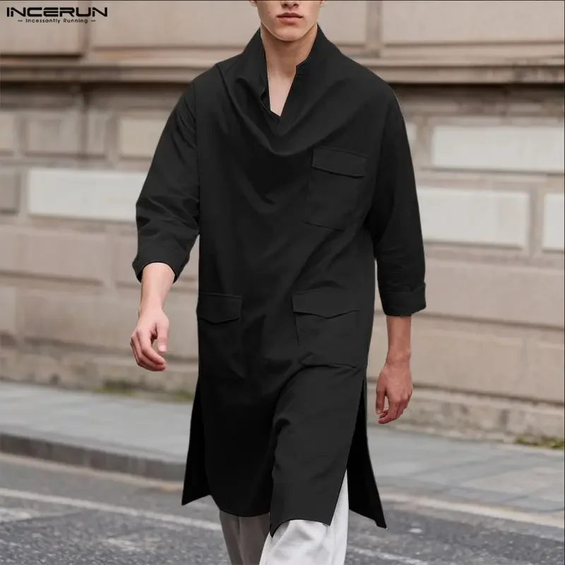 INCERUN Men's Shirt Solid Stand Collar 3/4 Sleeve Pockets Men Clothes Camisa Streetwear Loose 2026 Casual Tops For Man Shirts