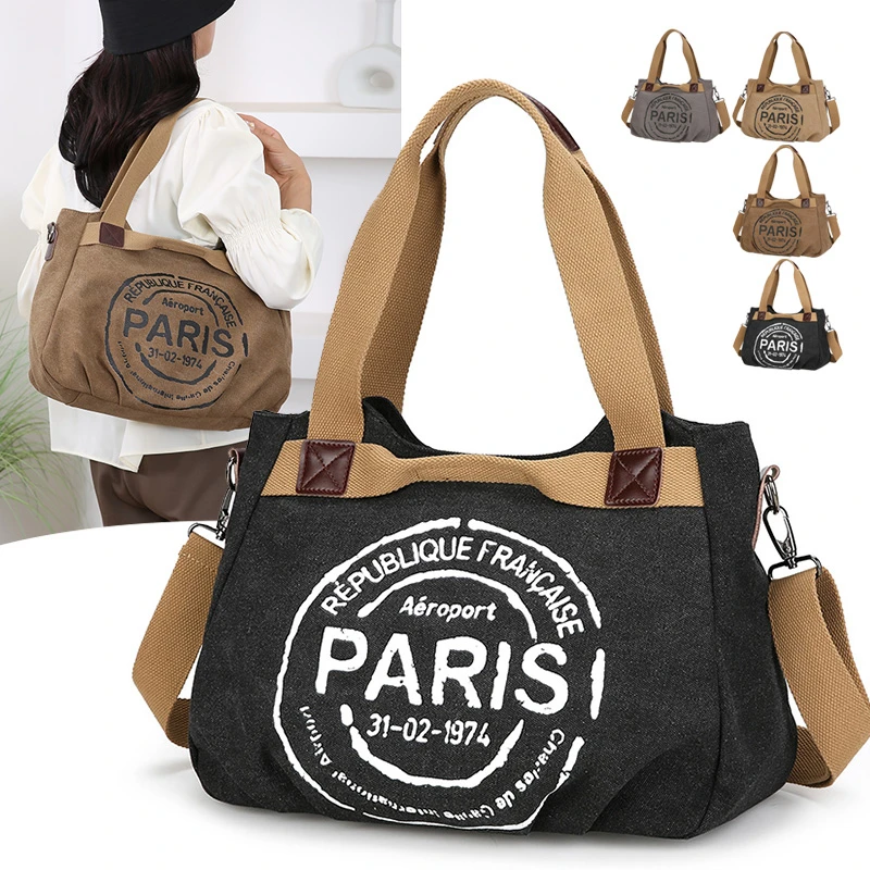 Casual Canvas Tote Bag with Adjustable Strap Vintage Style Top-Handle Satchel with Zip Closure Polyester Lining Shoulder Bag