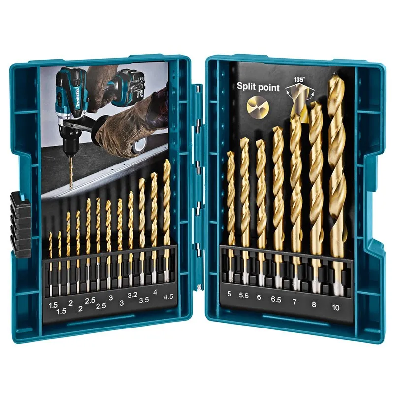 Makita D-67527 HSS TiN Metal Twist Drill Bit Set 19Pcs Titanium-Nitride Coating Woodworking Metal Working Electric Drill Bits